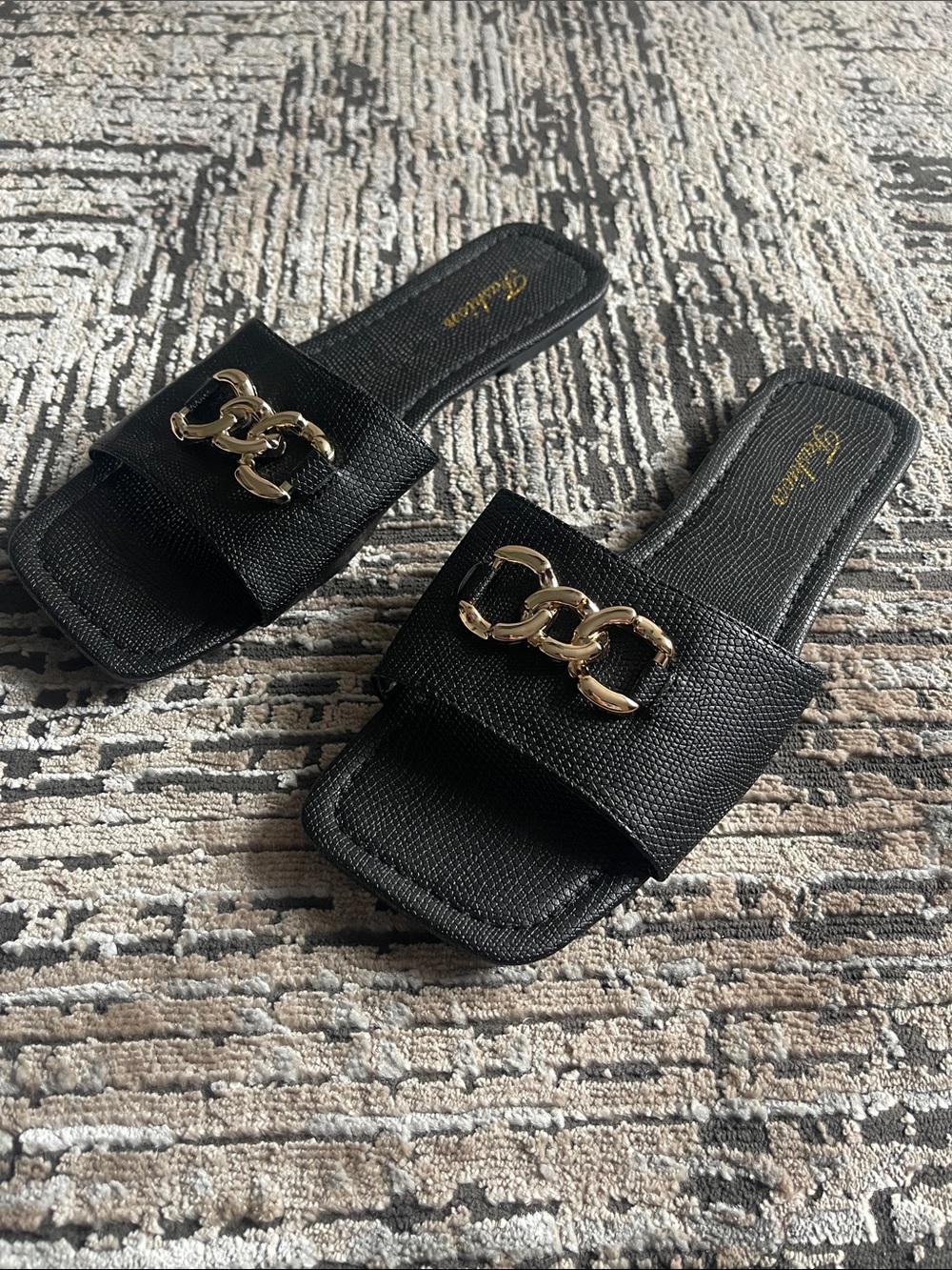 Black Slide Sandals with Gold Chain Accent - Women